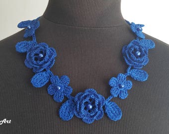 Crochet Rose Necklace, Crochet Neck Accessory, Flower Necklace, Royal Blue, 100% Cotton.