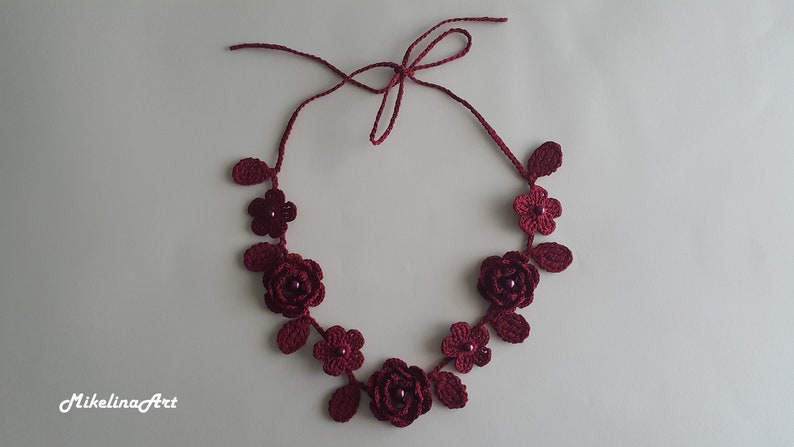 Crochet Rose Necklace, Crochet Neck Accessory, Flower Necklace, Wine Colour, 100% Cotton. image 4
