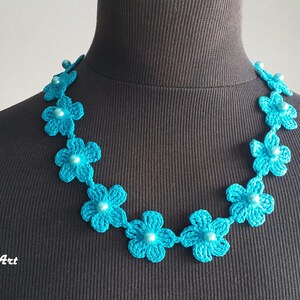Crochet Necklace, Crochet Neck Accessory, Flower Necklace, Aquamarine Color, 100% Cotton. image 2