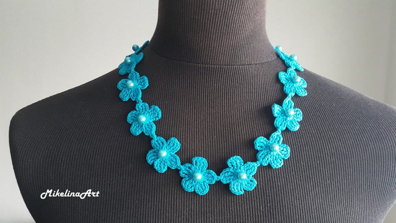 Crochet Necklace, Crochet Neck Accessory, Flower Necklace, Aquamarine Color, 100% Cotton. image 2