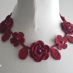 Crochet Rose Necklace, Crochet Neck Accessory, Flower Necklace, Wine Colour, 100% Cotton. image 2