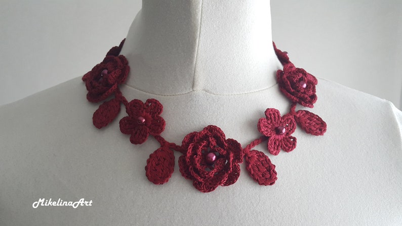 Crochet Rose Necklace, Crochet Neck Accessory, Flower Necklace, Wine Colour, 100% Cotton. image 2