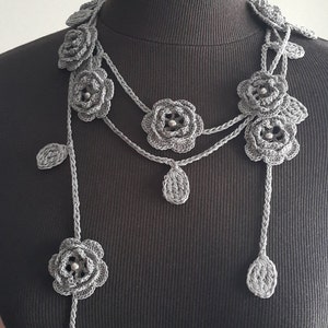 Crochet Rose Necklace, Crochet Neck Accessory, Flower Necklace, Grey, 100% Cotton. image 3