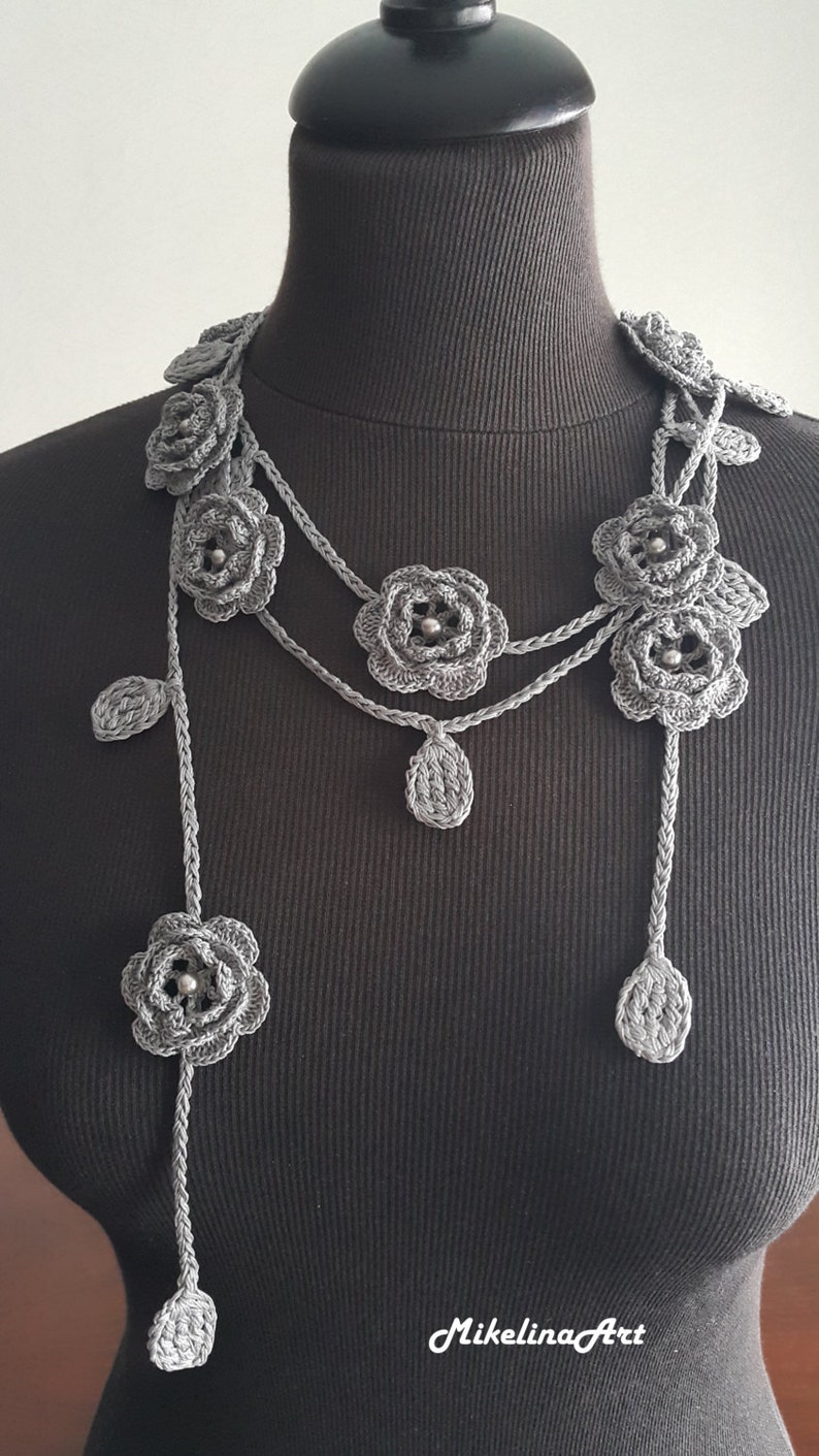 Crochet Rose Necklace, Crochet Neck Accessory, Flower Necklace, Grey, 100% Cotton. image 3