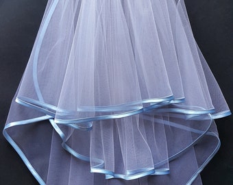 White Wedding Veil, Three Layers, Sky Blue Satin Edging.