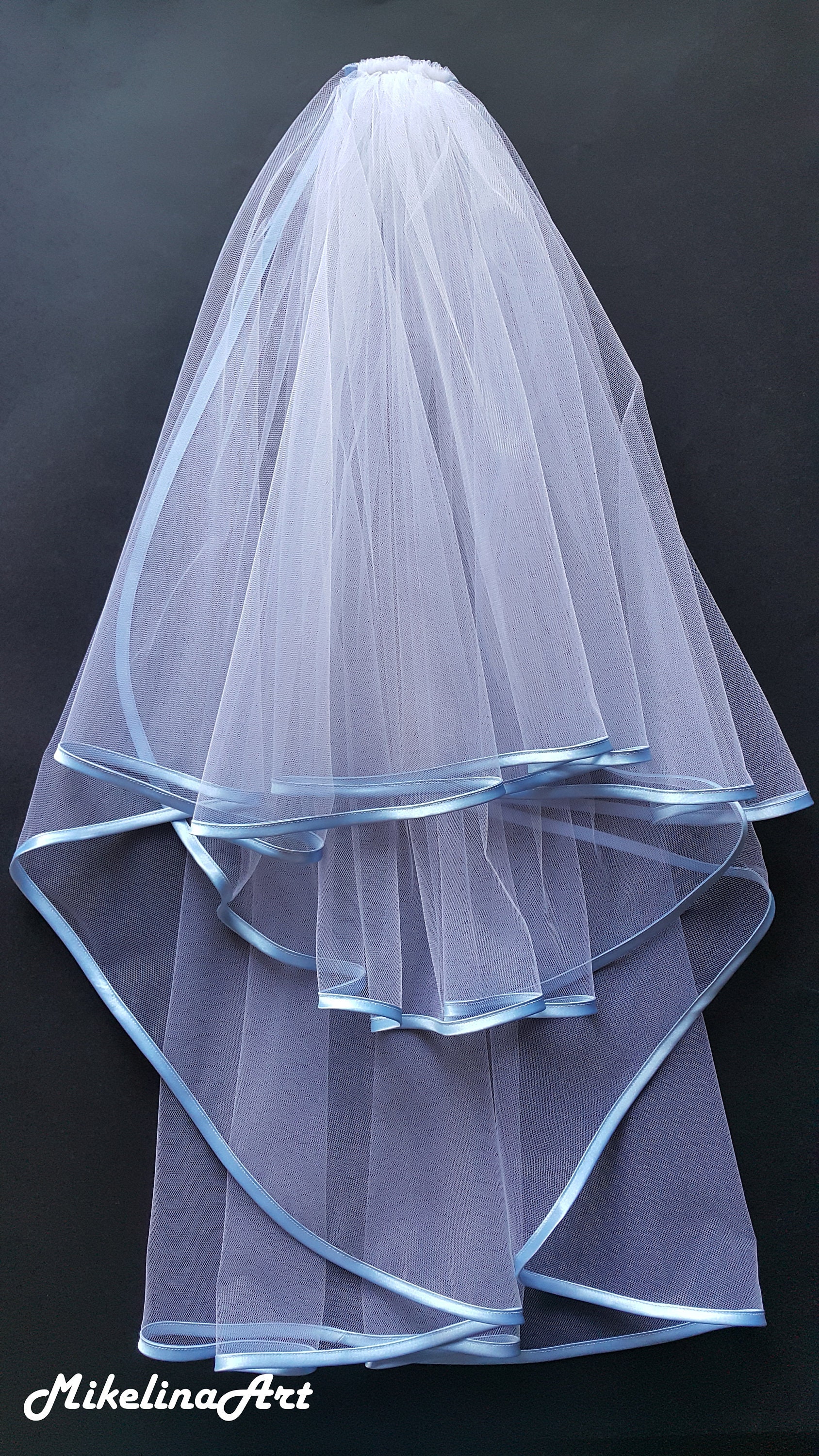 White Wedding Veil, Three Layers, Sky Blue Satin Edging.