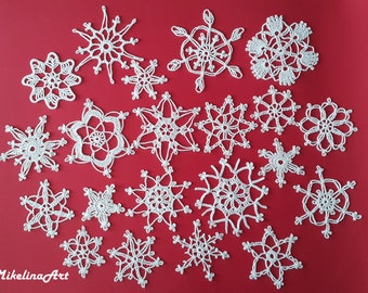 21 Crochet Snowflakes, Christmas Ornaments, Christmas Decorations, White, 100% Cotton.