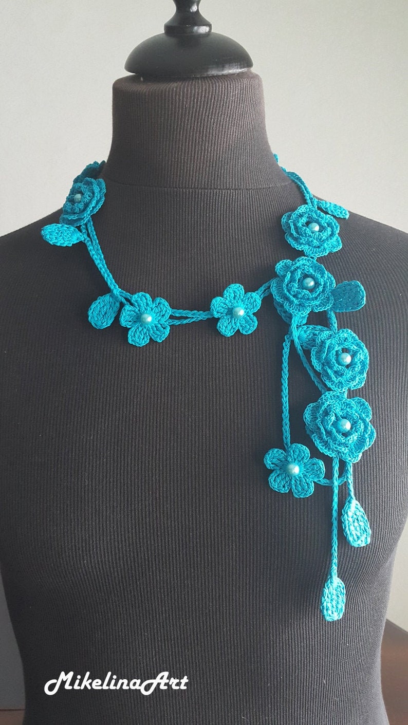 Crochet Rose Necklace, Crochet Neck Accessory, Flower Necklace, Aquamarine Color, 100% Cotton. image 1