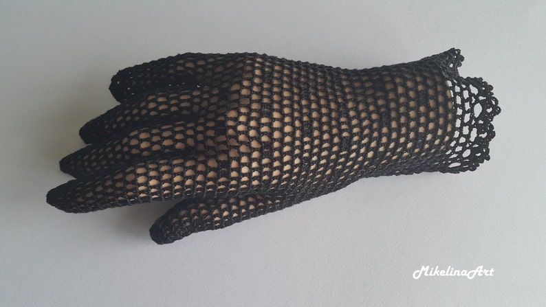 Crochet Gloves, Black, 100% Silk image 1