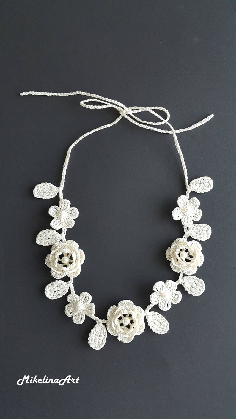 Crochet Rose Necklace, Crochet Neck Accessory, Flower Necklace, Ivory, 100% Cotton. image 3