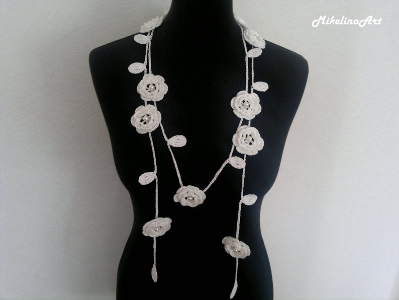 Crochet Rose Necklace, Crochet Neck Accessory, Flower Necklace, White, 100% Cotton. image 2