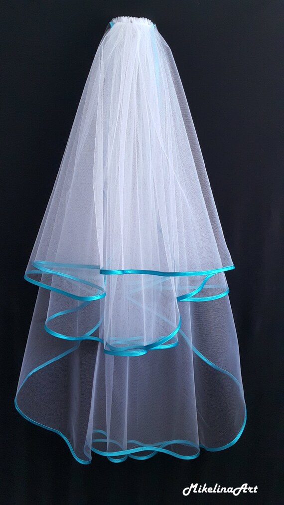 White Wedding Veil Three Layers Turquoise Satin Edging Etsy