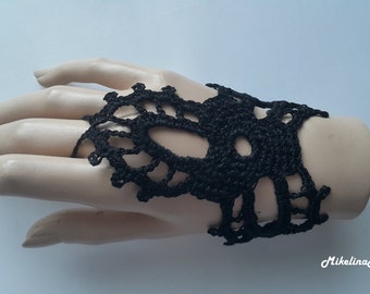 All'uncinetto, guanti, guanti senza dita, Crochet Bracelet, Black, 100% cotone.