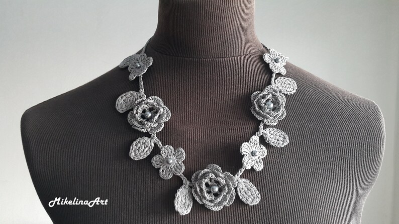 Crochet Rose Necklace,Crochet Neck Accessory, Flower Necklace, Sharkskin Gray Color, 100% Cotton. image 1