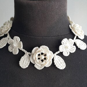 Crochet Rose Necklace, Crochet Neck Accessory, Flower Necklace, Ivory, 100% Cotton. image 2