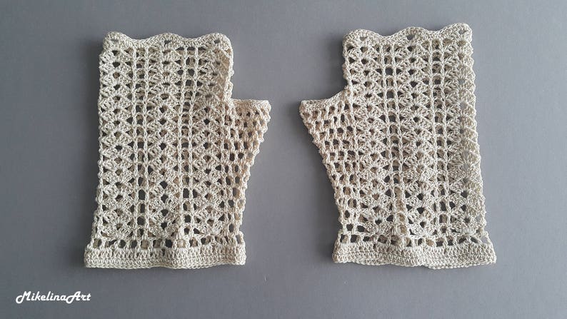 Crochet, guanti, guanti senza dita, Beige chiaro, 100% mercerizzato cotone. immagine 4