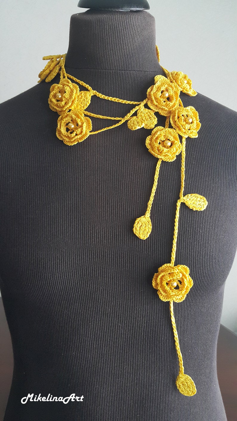 Crochet Rose Necklace,crochet Neck Accessory, Flower Necklace, Yellow ...