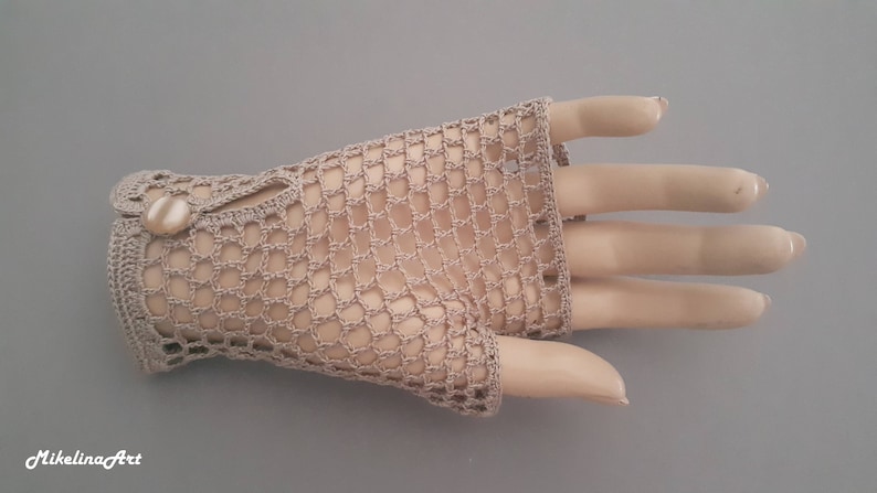 Crochet Mittens, Fingerless Gloves,Dark Beige, 100% Mercerized Cotton. image 2