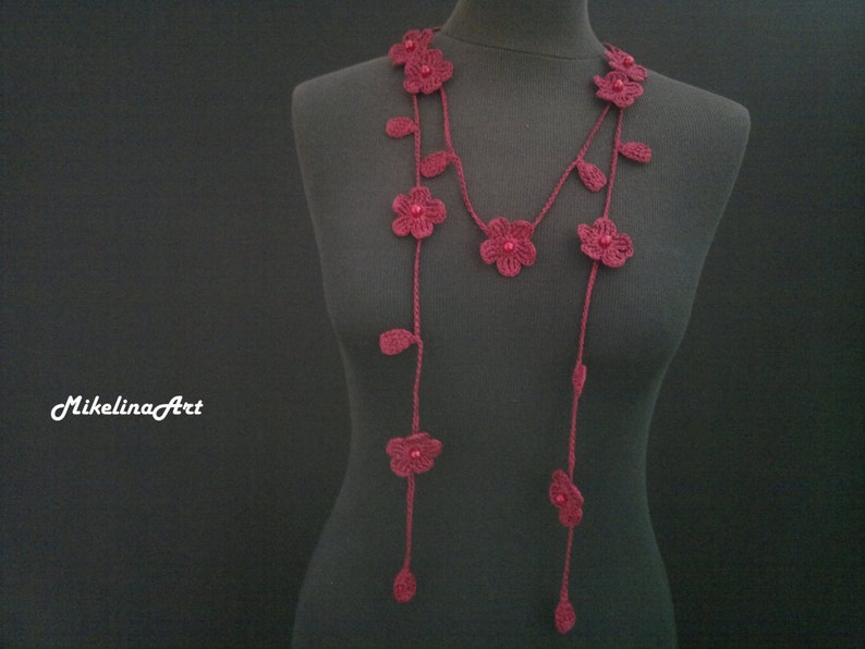 Crochet Necklace, Crochet Neck Accessory, Flower Necklace, Wine Colour, 100% Cotton. image 3