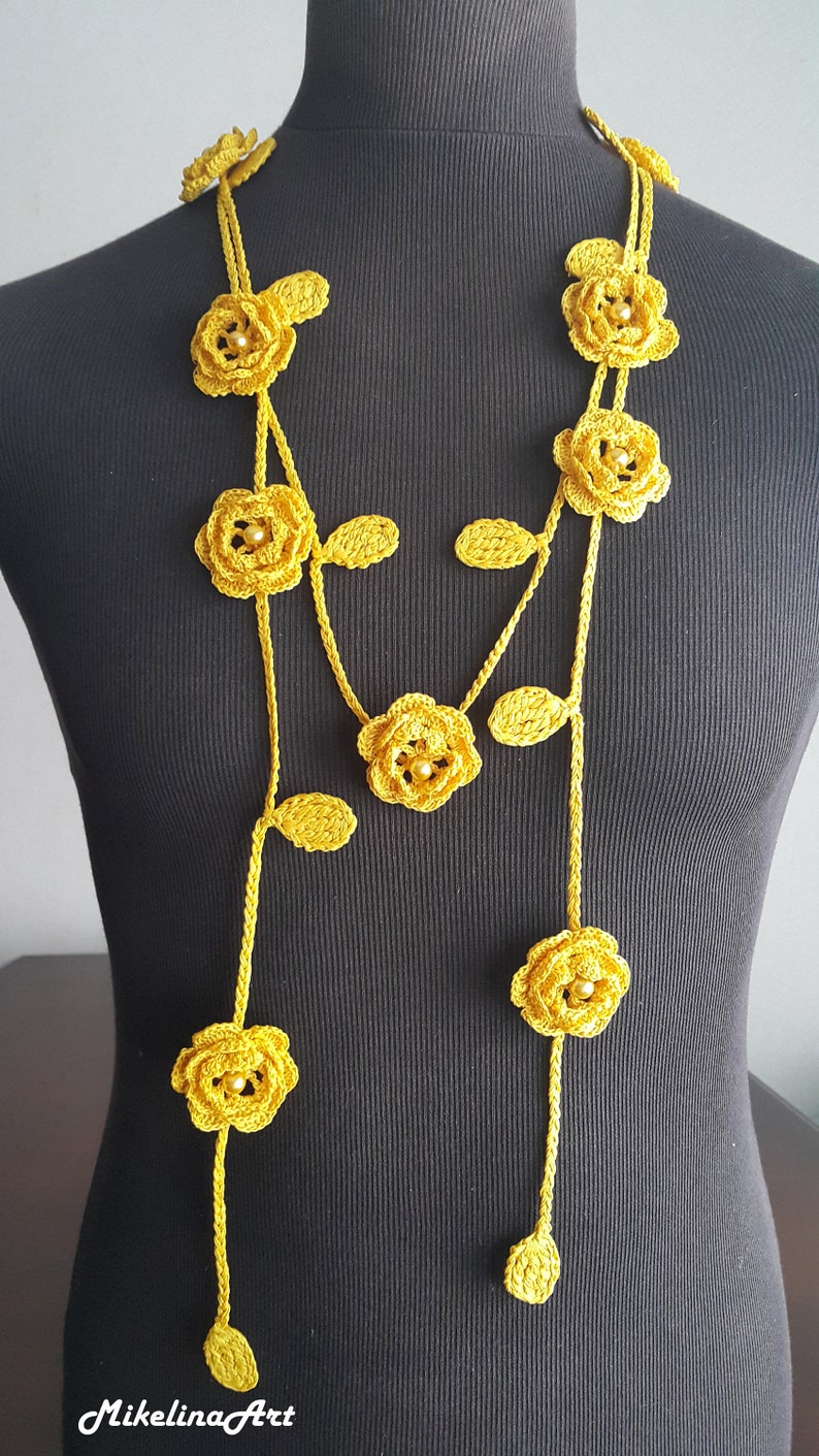 Crochet Rose Necklace,crochet Neck Accessory, Flower Necklace, Yellow ...