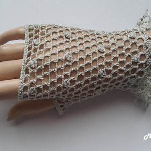 Crochet Mittens, Fingerless Gloves,Sharkskin Colour,Light Grey, 100% Mercerized Cotton. image 1