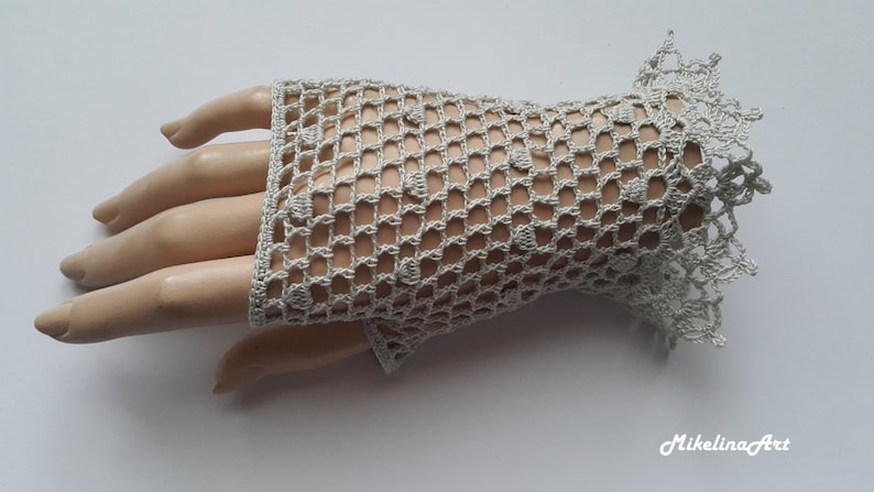 Crochet Mittens, Fingerless Gloves,Sharkskin Colour,Light Grey, 100% Mercerized Cotton. image 1