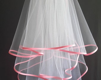 White Wedding Veil, Three Layers, Pink Satin Edging.
