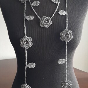 Crochet Rose Necklace, Crochet Neck Accessory, Flower Necklace, Grey, 100% Cotton. image 2