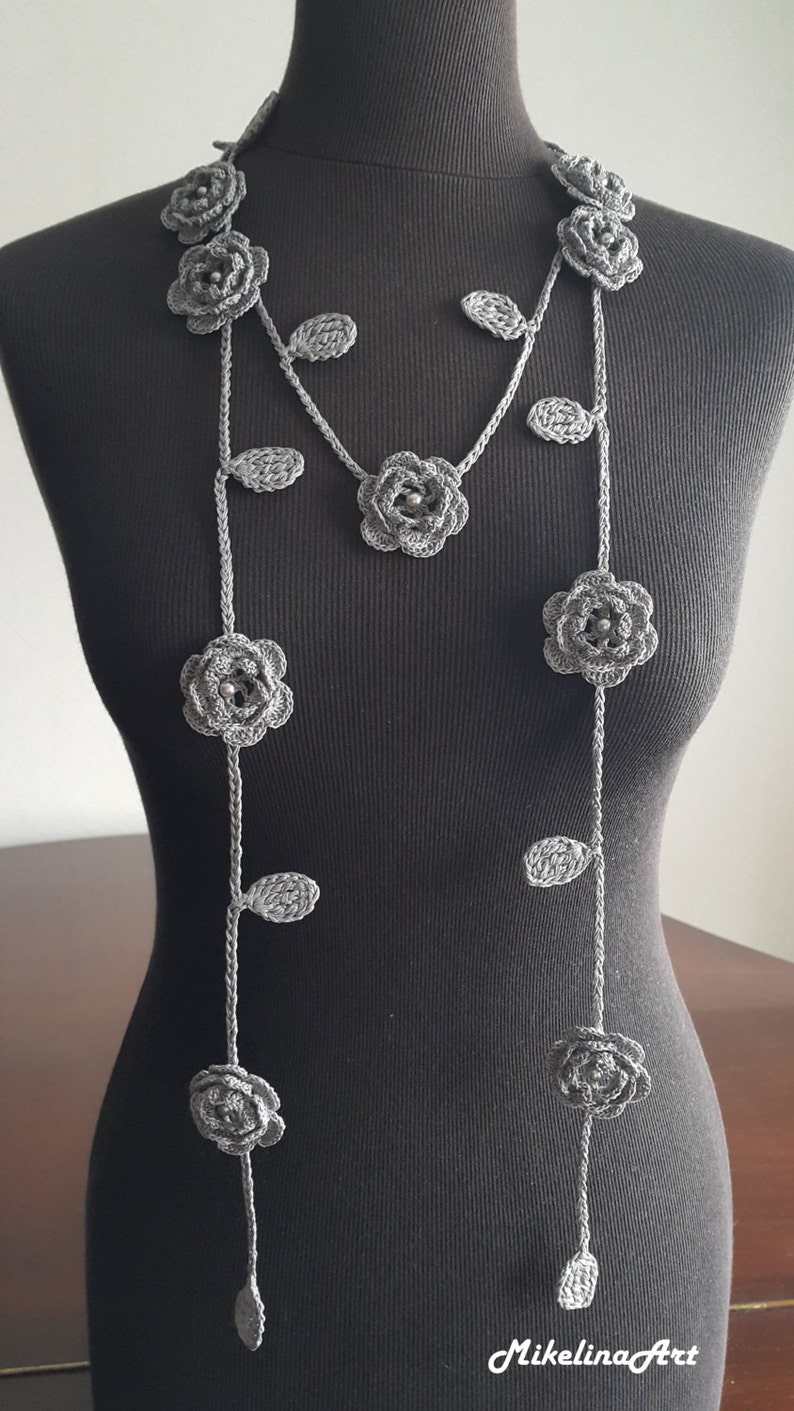 Crochet Rose Necklace, Crochet Neck Accessory, Flower Necklace, Grey, 100% Cotton. image 2