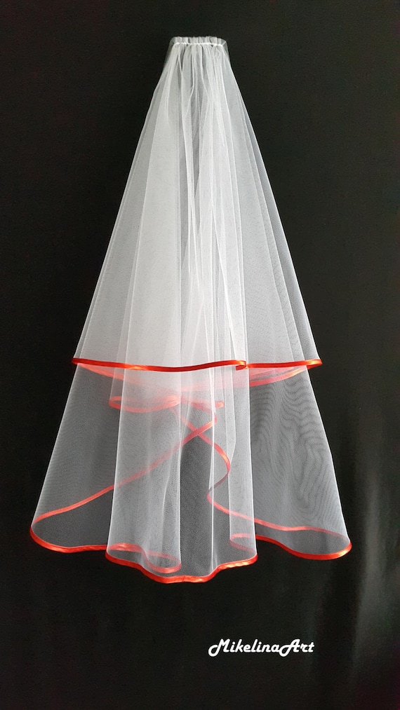 Velo de boda blanco, dos capas, bordes de raso