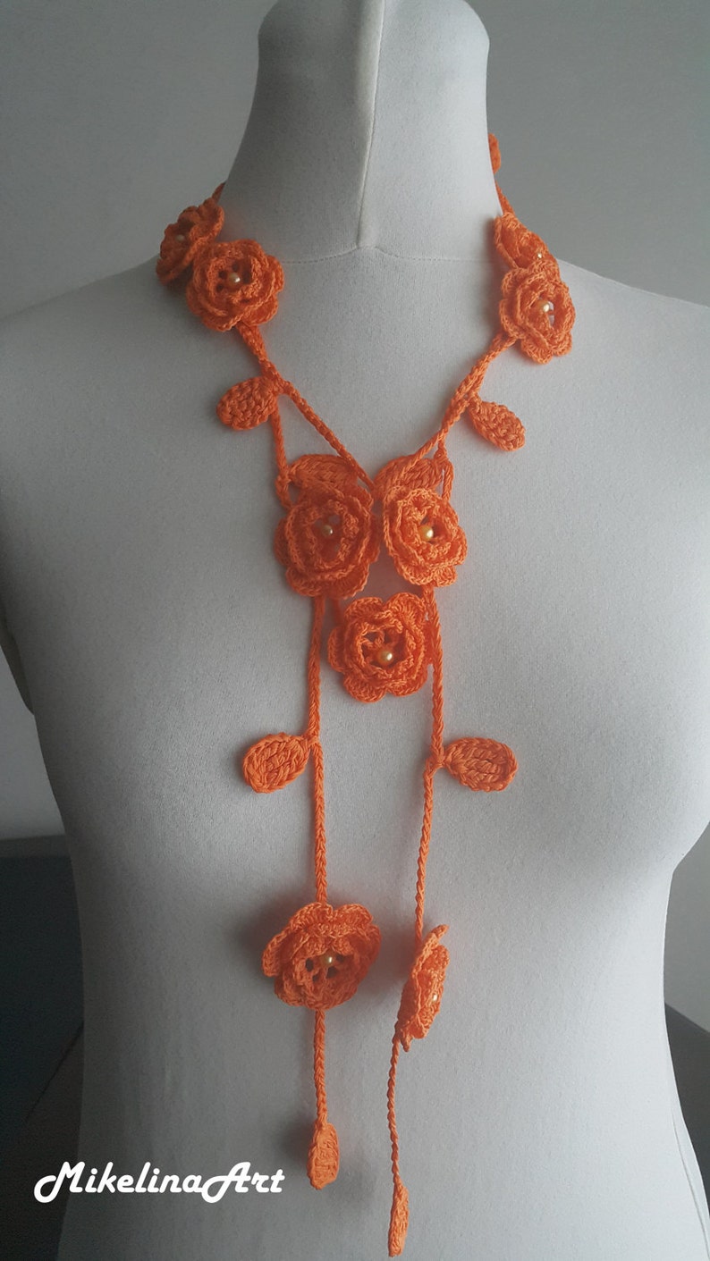 Crochet Rose Necklace, Crochet Neck Accessory, Flower Necklace, Orange, 100% Cotton. image 3