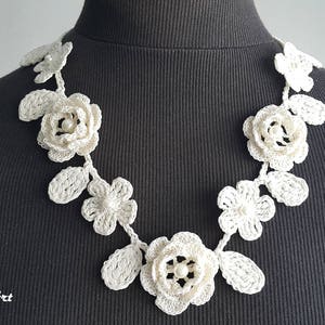 Crochet Rose Necklace, Crochet Neck Accessory, Flower Necklace, Ivory, 100% Cotton. image 1