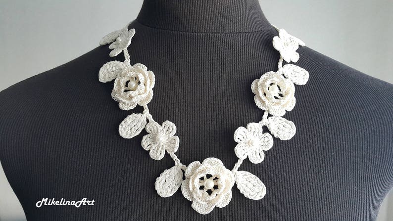 Crochet Rose Necklace, Crochet Neck Accessory, Flower Necklace, Ivory, 100% Cotton. image 1