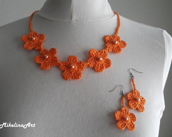 Crochet Accessory Set, Necklace and Earrings, Orange, 100% Cotton.