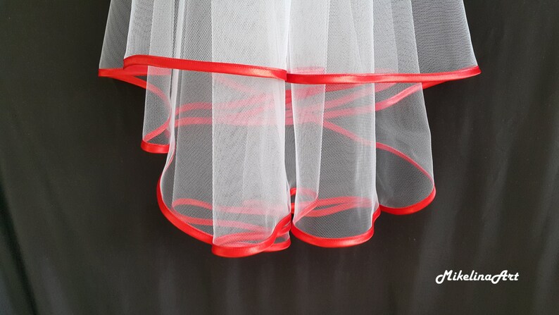 White Wedding Veil, Two Layers, Red Satin Edging. image 2