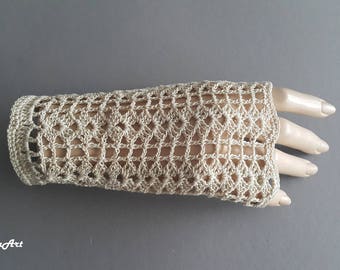 Crochet Mittens, Fingerless Gloves,Light Beige, 100% Mercerized Cotton.