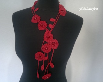 Crochet Rose Necklace, Crochet Neck Accessory, Flower Necklace, Red, 100% Cotton.