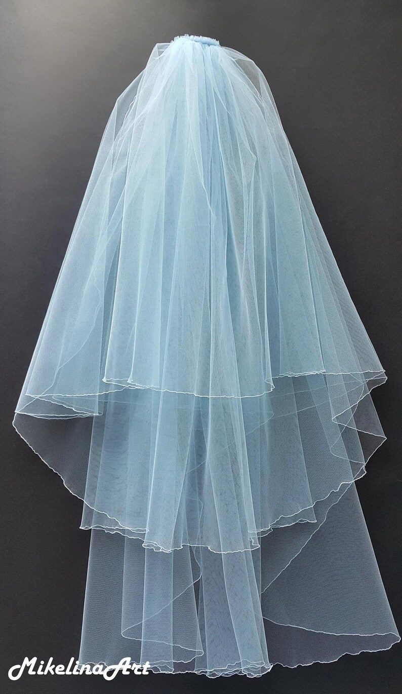 Hot Pink Wedding Veil, Three Layers Sky Blue