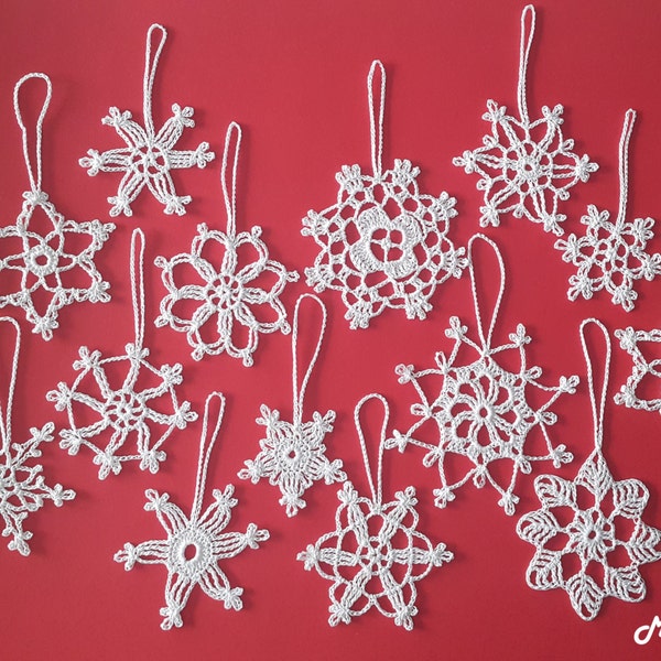 14 Crochet Snowflakes, Christmas Ornaments, Christmas Decorations, White, 100% Cotton.