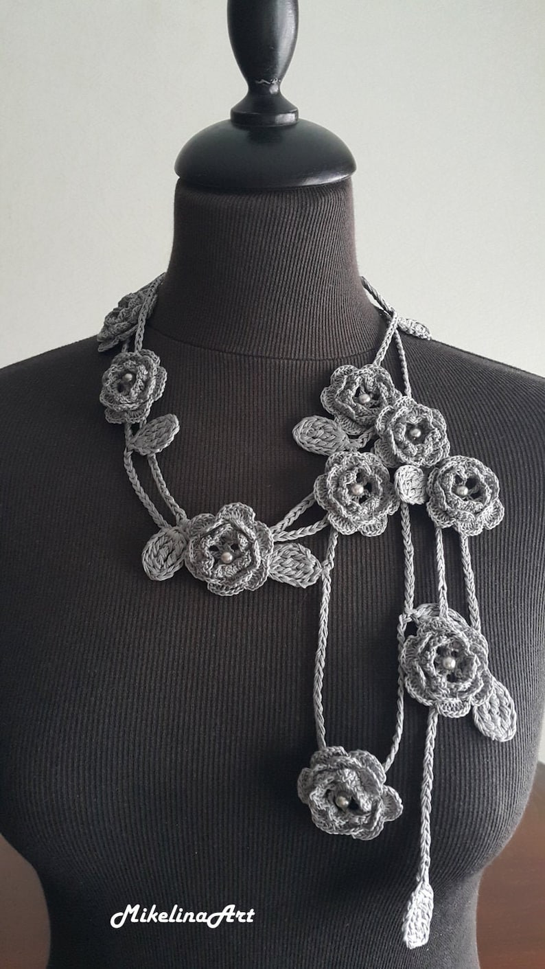 Crochet Rose Necklace, Crochet Neck Accessory, Flower Necklace, Grey, 100% Cotton. image 1