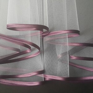 White Wedding Veil, Two Layers, Purple Satin Edging. image 2