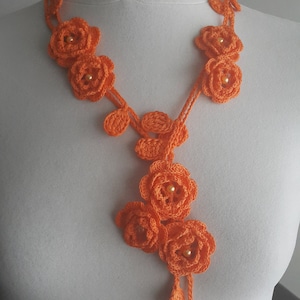Crochet Rose Necklace, Crochet Neck Accessory, Flower Necklace, Orange, 100% Cotton. image 1