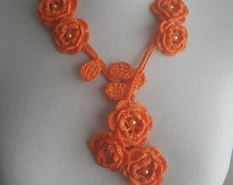 Crochet Rose Necklace, Crochet Neck Accessory, Flower Necklace, Orange, 100% Cotton.