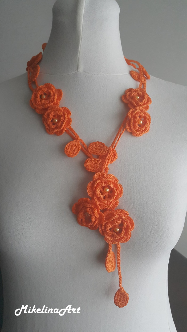 Crochet Rose Necklace, Crochet Neck Accessory, Flower Necklace, Orange, 100% Cotton. image 1