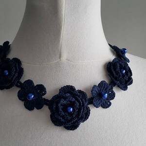 Crochet Accessory Set, Necklace and Earrings, Navy Blue, 100% Cotton. image 2