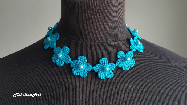 Crochet Necklace, Crochet Neck Accessory, Flower Necklace, Aquamarine Color, 100% Cotton. image 1