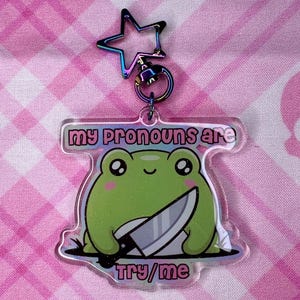 Try Me Frog Keychain Charm, Double Sided Kawaii Pronoun Gift