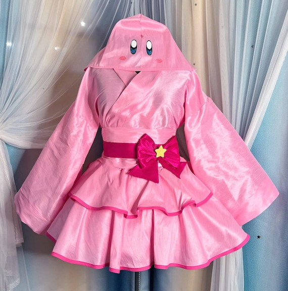pink kimono style dress Hand-Painted Pink Flower Silk Kimono Dress with Cape Top