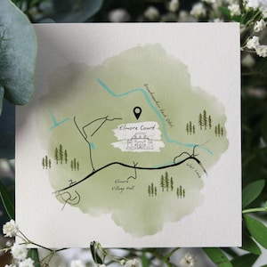 May include: A square invitation card featuring a watercolor map with a green and beige background. The map includes a road, trees, and the text "Elmore Court". The card is surrounded by green leaves and white flowers.