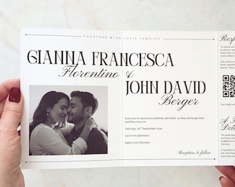 Black & White Wedding Invitation with Photo | 'Quiet Luxury'  Gatefold Z fold Invite | Old Money | Classy Wedding | European Chic